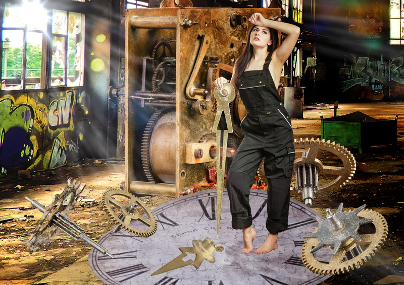 time conversion, looking at camera, time of, real people, standing, front view, men, casual clothing, gears, metal industry, built structure, mechanics