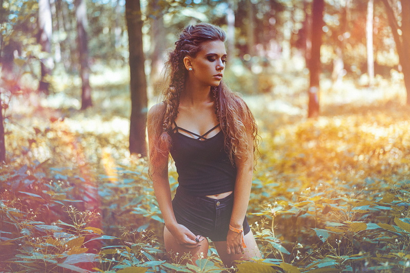 beautiful woman, jean shorts, adult, land, braids, brown hair, forest, hair, sunlight, contemplation, hairstyle, nature, women, casual clothing, 1080P