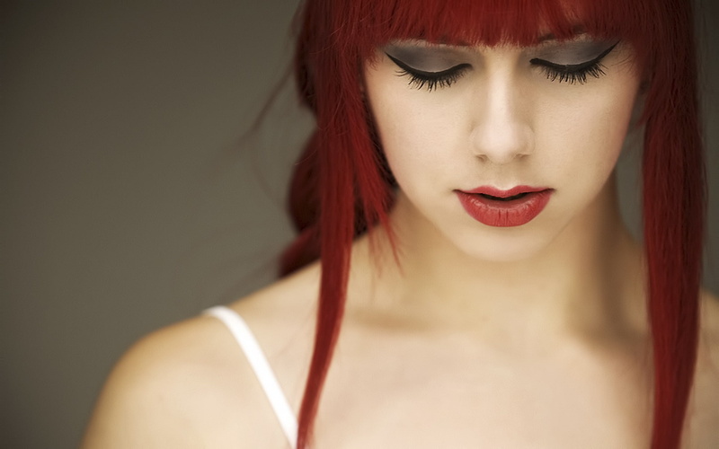 redhead, women, 1080P, open mouth, closed eyes, simple background, face, eyeshadow, model