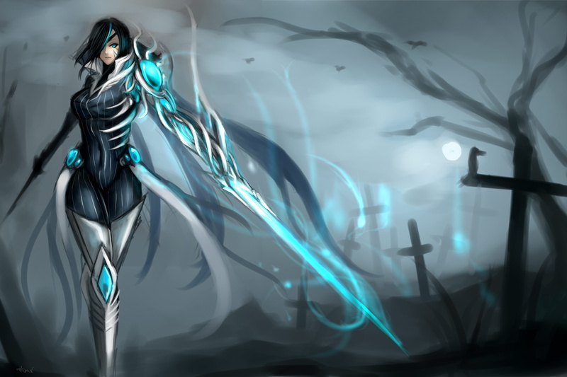 Fiora, turquoise colored, no people, blue, light - natural phenomenon, art and craft, indoors, futuristic, League Of Legends, motion, human representation