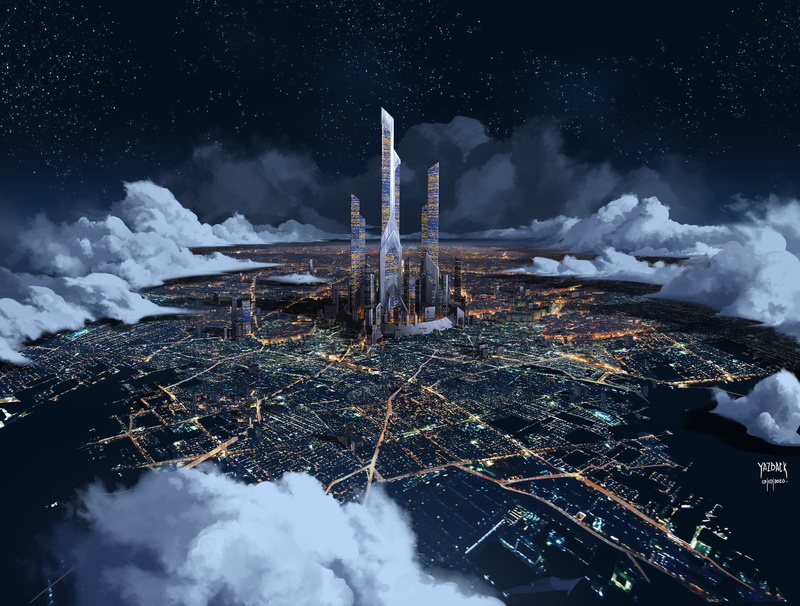 1080P, futuristic, night, stars, Yazback Moya, Futurism, digital art, city, clouds, NightCity
