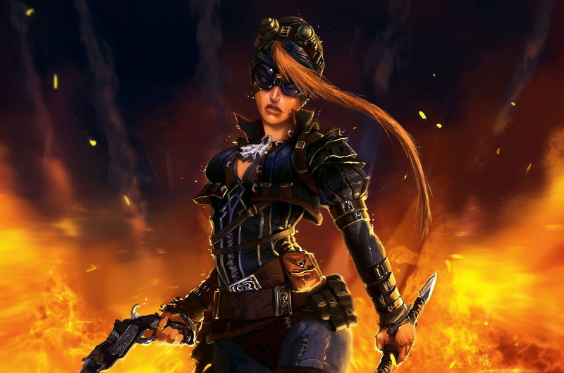 fire, geraud, gun, sword, girl, soulie, weapons, glasses, red, Geraud Soulie, art, 1080P