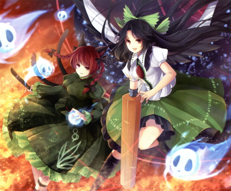 long, girls, braids, wings, hair, animal, ears, skulls, rin, eye, fire, brown, eyes, brunettes, 1080P, red, capes, utsuho, touhou, nekomimi, redheads