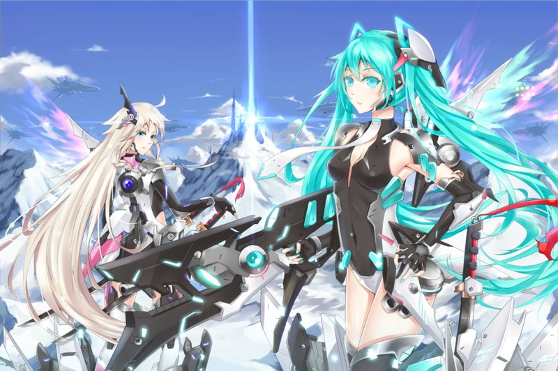 bodysuit, blue, sword, thighhighs, gun, long, hair, mechagirl, eyes, braids, vocaloid, armor, girls, pc9527, green, wings, weapon, gray, 720P