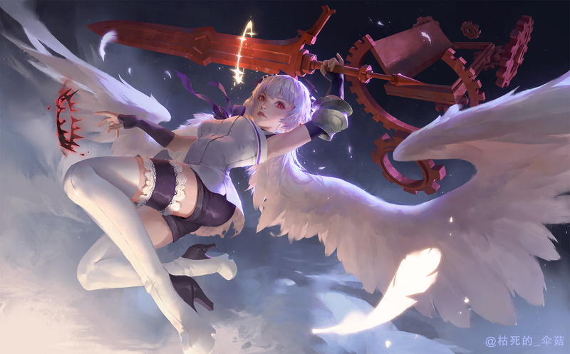 anime, sword, 1080P, red eyes, wings, anime girls, fantasy art, girls with swords, weapon, fantasy girl, stockings, legs, women, heels