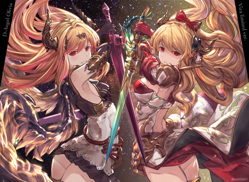 bow, 262197, armor, hair, 2girls, sword, tagme, (artist), konachan, blonde, elbow, weapon, gloves, thighhighs, watermark, horns, wings, 1080P, dress, eyes