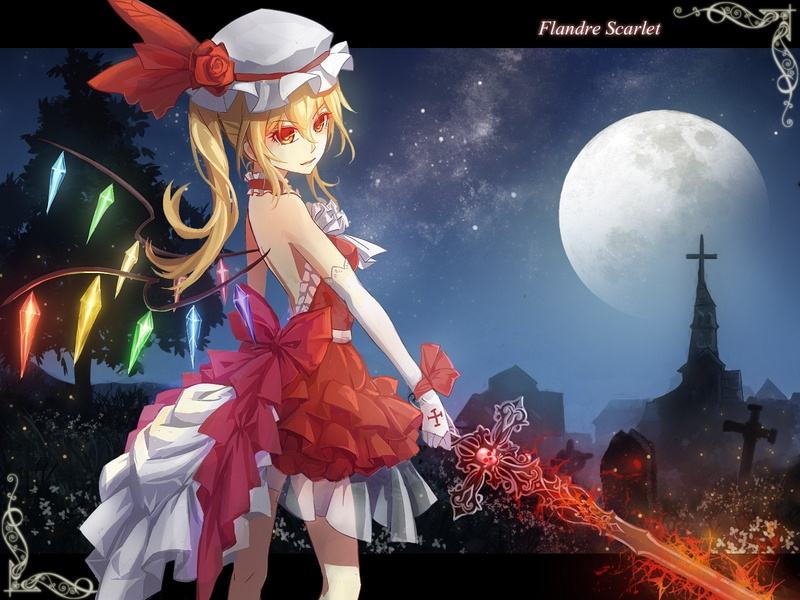 hair, girls, eyes, flandre, trees, ornaments, grass, tombstones, red, weapons, touhou, games, moon, nights, video, long, wings, dress, anime, tombs, scarlet