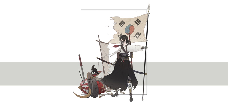 cyberpunk, cyborg, flag, samurai, sword, 4K, katana, mask, anime girls, simple background, anime