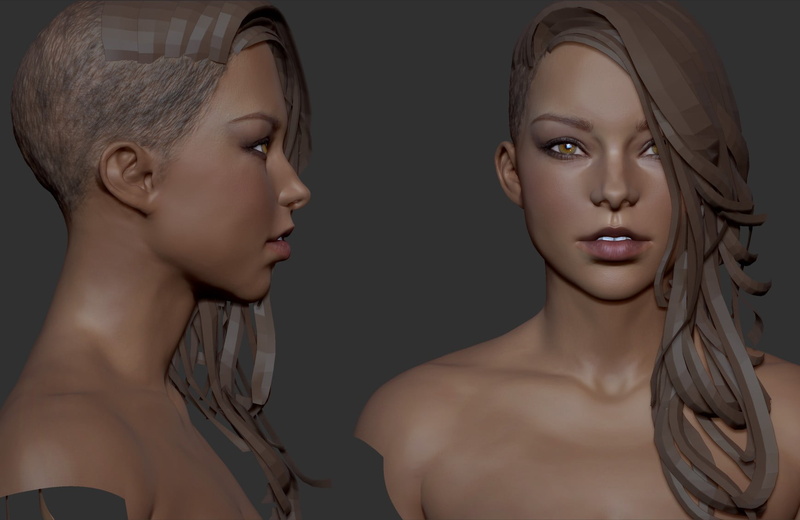 female likeness, close-up, human face, adult, portrait, beautiful woman, young adult, studio shot, shirtless, zbrush, front view, representation, black background