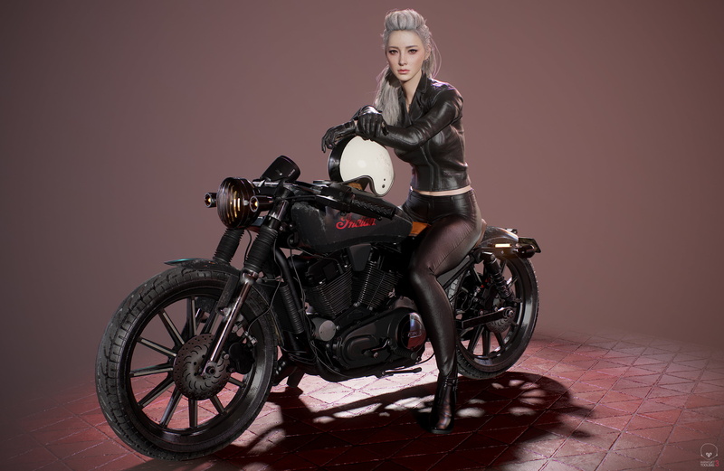 vehicle, 3D, artwork, 3d design, motorcycle, women, black clothing, helmet, 2K, blonde, digital art, blond hair, CGI, Seungmin Kim