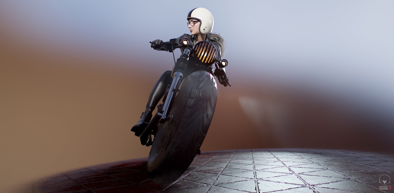 blond hair, motorcycle, CGI, artwork, helmet, blonde, vehicle, 1080P, black clothing, 3D, digital art, 3d design, Seungmin Kim, women