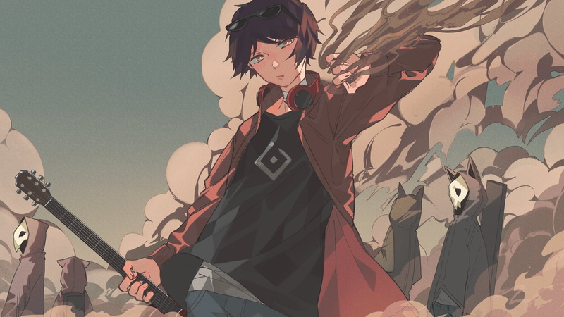 brunette, Male, headphones, Dust cloud, anime, Vocaloid, dust, Utaite, jacket, brown eyes, wind, mask, 1080P, guitar, sunglasses