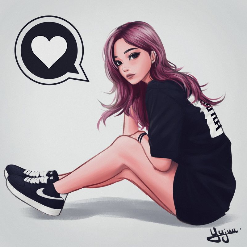 artwork, pink hair, dark eyes, sneakers, illustration, Yajuu, Nike, black eyes, T-shirt, black t-shirt, digital art, fan art, women, 1080P