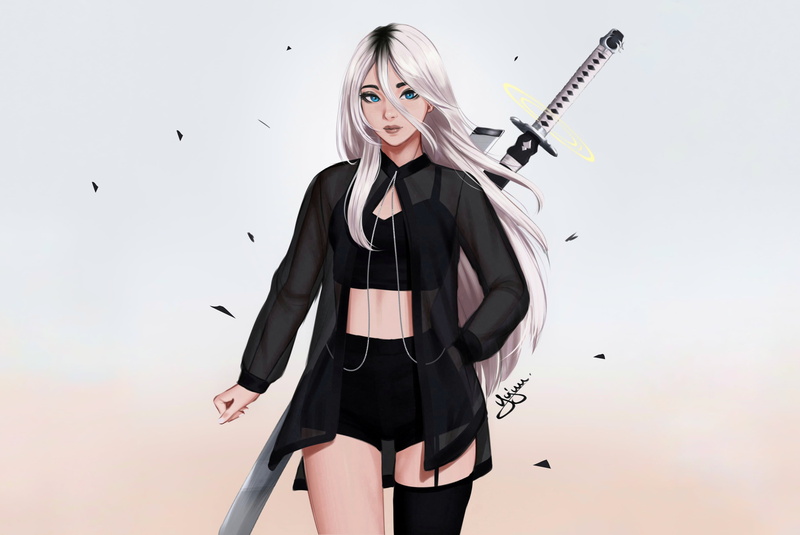 katana, Yajuu, 2K, black dress, blue eyes