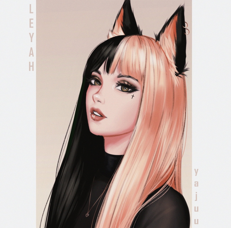 women, Yajuu, digital art, fan art, pierced lips, brown eyes, redhead, black hair, cat ears, 1080P, T-shirt, illustration, pierced lip, dark hair, black t-shirt