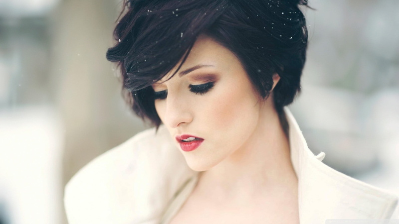 snow, face, dark hair, one person, focus on foreground, looking, adult, fashion, red lipstick, lipstick, beauty, beautiful woman, headshot, beautiful people