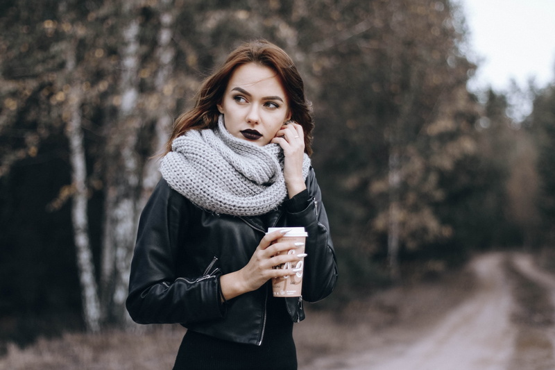 women outdoors, hairstyle, winter, drink, wireless technology, young adult, path, sepia, looking at camera, standing, 2K, coffee, forest, black lipstick