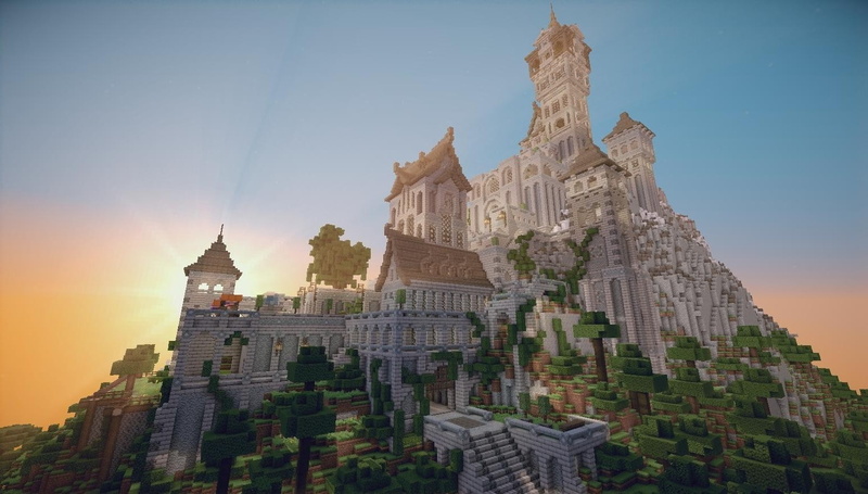 office building exterior, no people, religion, clear sky, 720P, place of worship, minecraft castle screenshots video games, spire, sunset, travel destinations