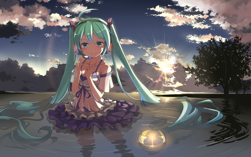 headset, hd, hatsune, vocaloid, clouds, ribbons, 720P, art, miku, cleavage, g, headphones, trees, dress, sky, nature, water, girl