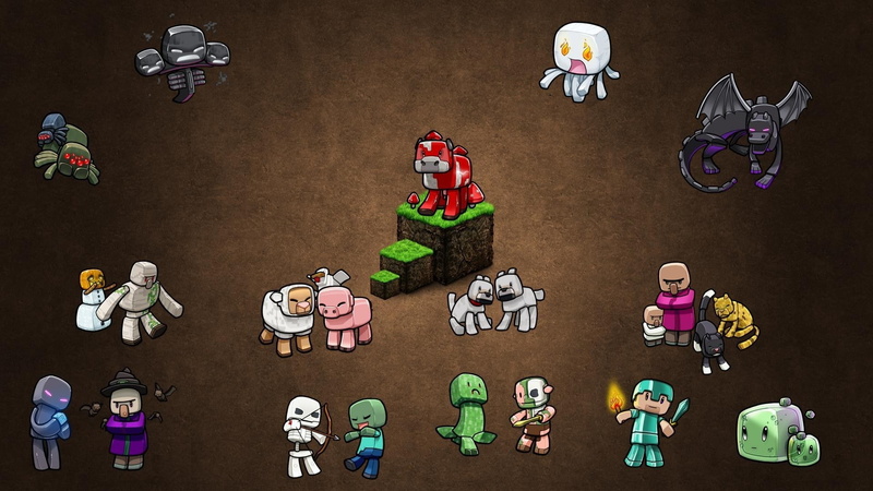 studio shot, minecraft video games pc gaming gamers brown background steve creeper zombies skeleton witch spider, child, high angle view, cooperation, creativity