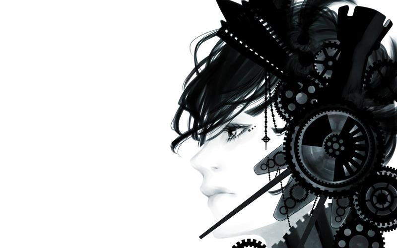 white, headset, face, babes, cyborg, women, 1080P, black, manga, gothic, mech, females, fiction, anime, girls, headphones, eyes, sci, science, bright