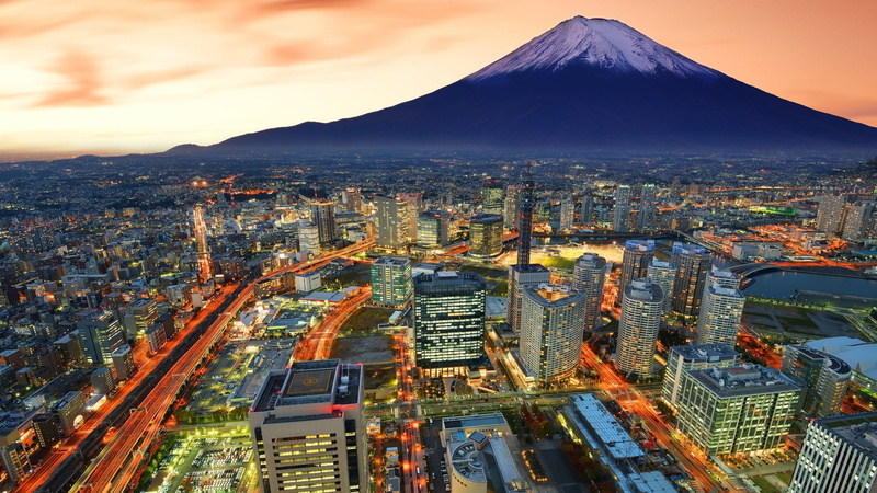 mountains, cityscape, street light, Japan, city, birds eye view, architecture, building, evening, Yokohama, Mount Fuji, clouds, skyscraper, 1080P, edited