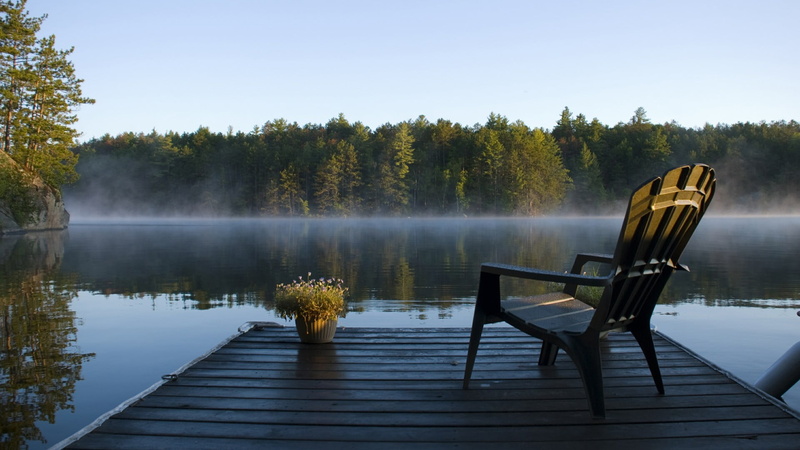 scenics - nature, relax, beauty in nature, tree, outdoors, lake, wood - material, mist, 1080P, terrace, day, water, overwater, sky, chair, absence, non-urban scene