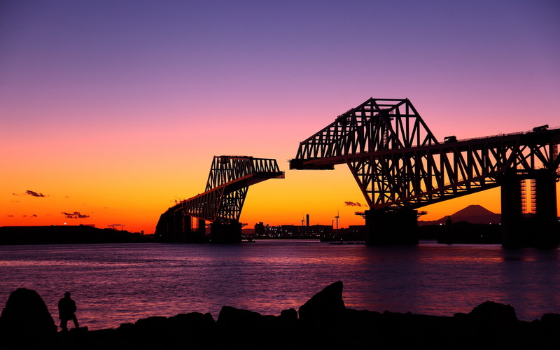 bridge - man made structure, bridge, white, lamp, beauty in nature, Tokyo, construction industry, black, orange color, industry, connection, nature, river