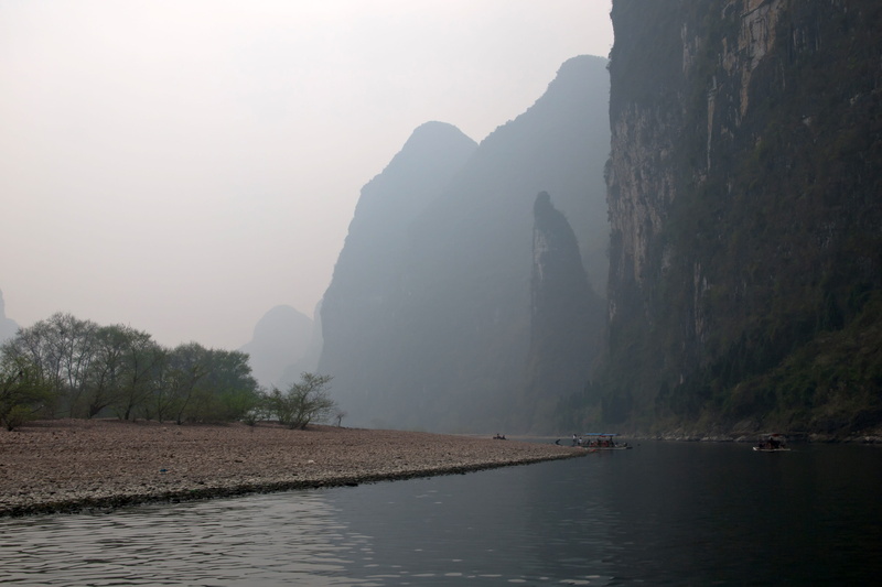 idyllic, tranquility, boat, mountains, waterfront, yangdixiang, outdoors, rock - object, non-urban scene, mist, tranquil scene, karsts, nature, water, guilin