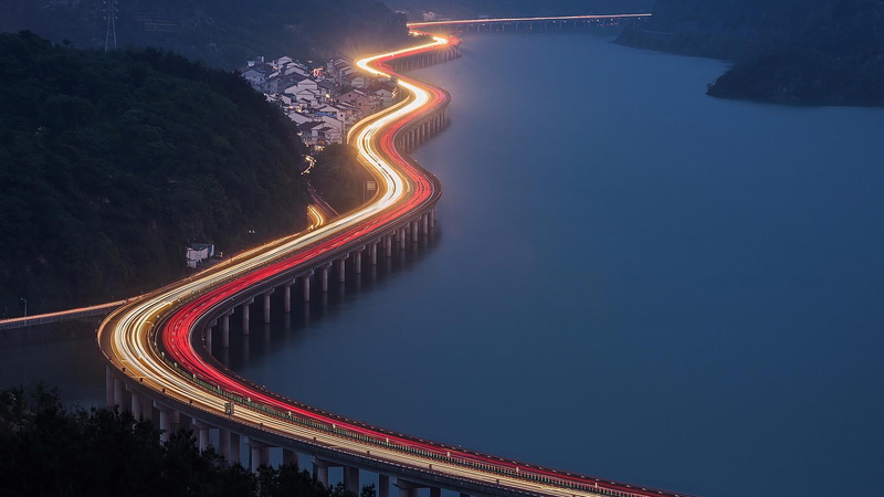 china, high angle view, city, zhejiang, transportation, long exposure, headlight, nature, no people, tail light, architecture, traffic, bridge, highway