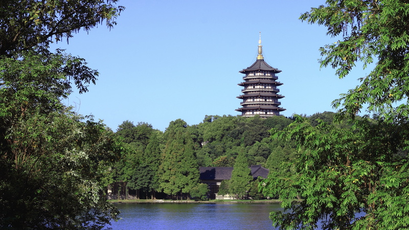 water, growth, built structure, green, river, outdoors, 4K, spirituality, trees, day, spire, tower, pagoda, leifeng pagoda, architecture, hangzhou pagoda
