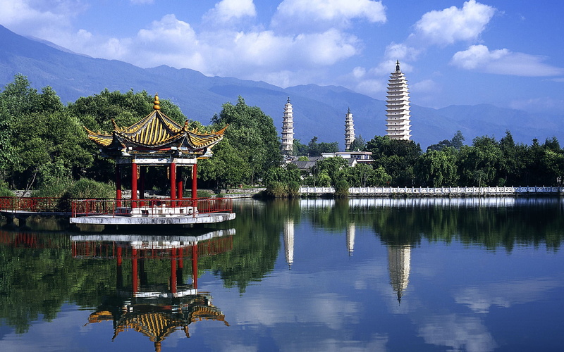 Chinese, 1080P, Landscape, Pavilion, Lake, tower, yellow, Park, red