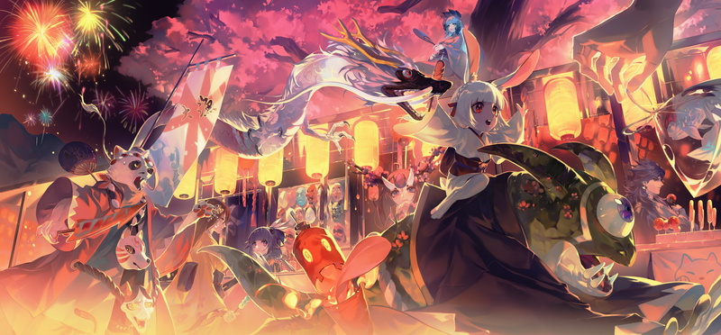 light, traditional dancing, crowd, performance, group of people, Anime, women, monsters, illuminated, anime girl, large group of people, fantasy world