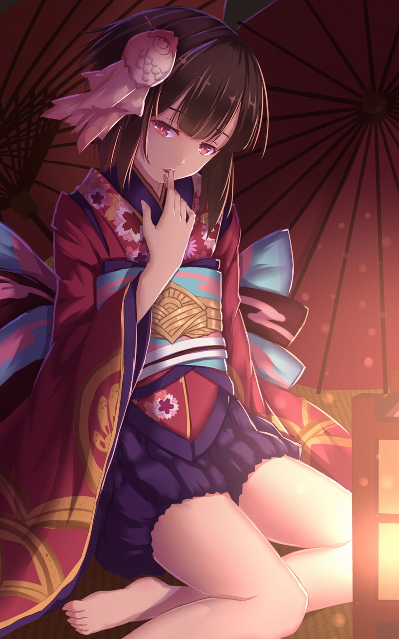 young women, 2K, emotion, portrait, sitting, beautiful people, people, red, clothing, onmyouji heian ayakashi kitan, brown hair, Anime, kagura, lifestyles
