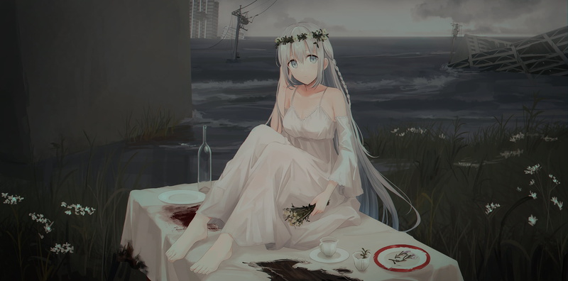 environment, anime girls, women, gray eyes, table, original characters, apocalyptic, sea, drawing, anime, illustration, 2D, long hair, 1080P, artwork