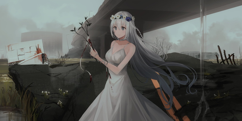 long hair, drawing, apocalyptic, Chihuri 45, smiling, original characters, dress, blood, 1080P, 2D, branch, white dress, gray eyes, anime, cleavage, white hair