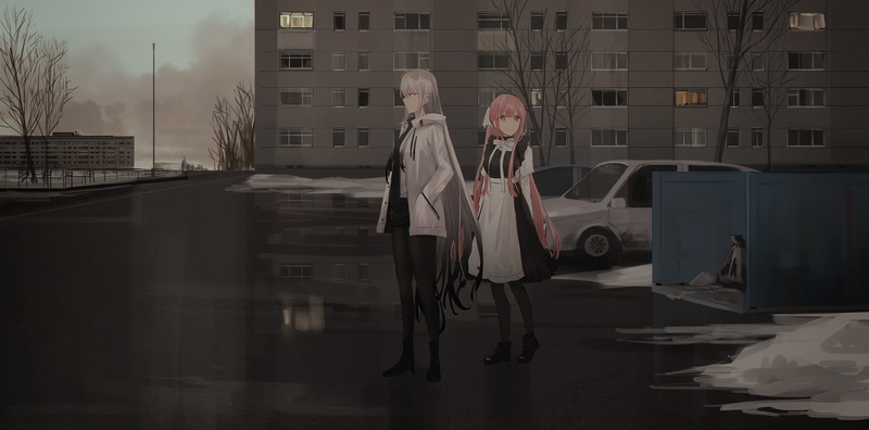 snow, maid, long hair, dress, building, artwork, short shorts, Chihuri 45, digital art, 1080P, pink hair, urban, jacket, drawing, original characters