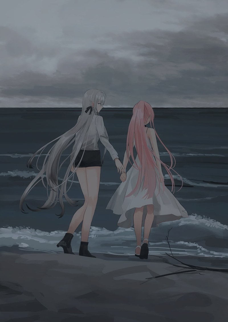 sea, pink hair, Chihuri 45, 720P, white hair, holding hands