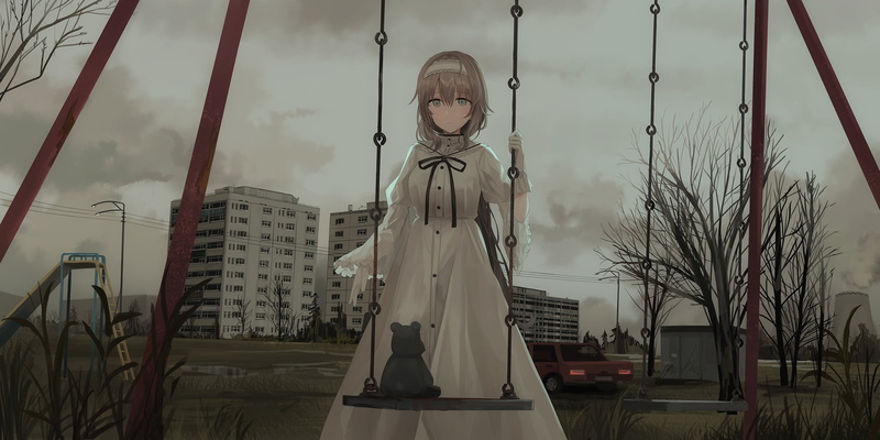 Chihuri 45, white dress, artwork, anime, trees, dress, 1080P, building, clouds, 2D, teddy bears, environment, swings, drawing, original characters, gray eyes