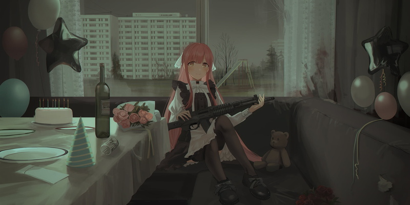 Party Room, gun, Pixiv, anime girls, teddy bears, smiling, playground, Chihuri 45, bouquet, pink hair, balloon, 1080P, champagne, plates, cake