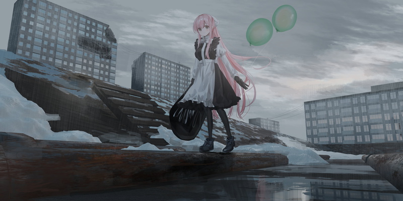 balloon, anime girls, 4K, Chihuri 45, pink hair, long hair, anime, original characters