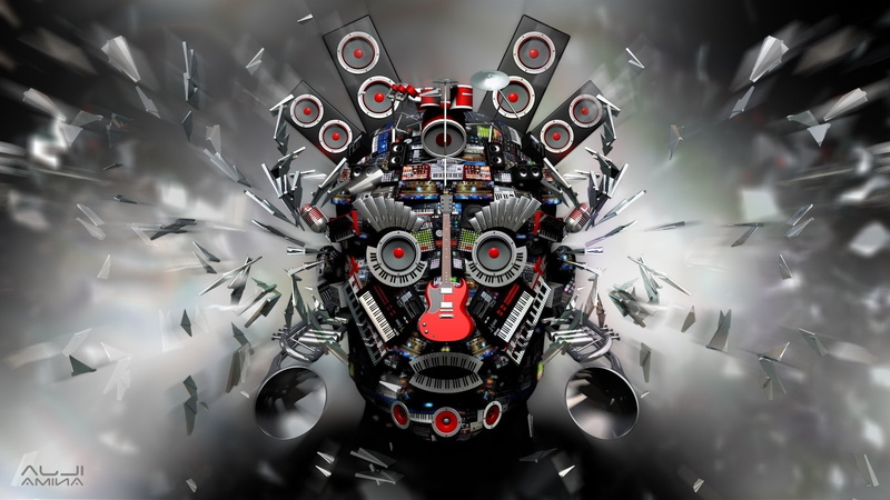 Microphones, Trumpets, 3d, eyes, cgi, Guitar, face, digital art, Keyboards, Open Mouth, Explosion, 1080P, music, drums, Speakers