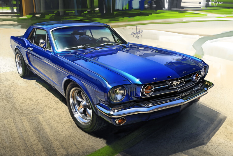 car, street, 1080P, trees, front angle view, vehicle, painting, Aleksandr Sidelnikov, Ford Mustang