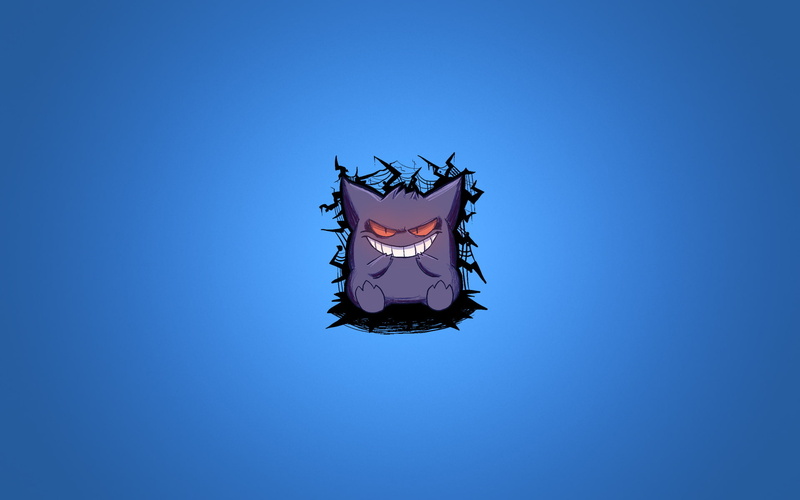 Gengar, smile, minimalism, pokemon, purple, 1080P, blue background