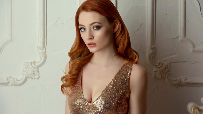 one person, redhead, portrait, Liza Labenskaya, beautiful woman, blue eyes, hair, fashion, 1080P, dress, young women, headshot, face, cleavage, beauty