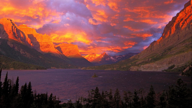 mary, 1080P, st, forest, sunrise, lake, mountains, nature and landscapes, glorious