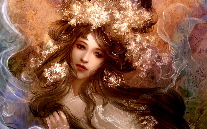 flowers, 1080P, glorious, 3d and abstract, girl, face, hair, smoke, goldenrods, beauty