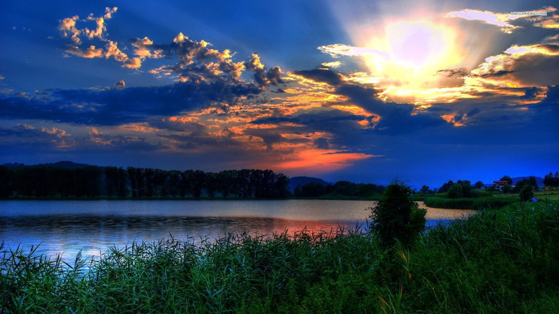 lake, clouds, sunrise, grass, 1080P, glorious, nature and landscapes