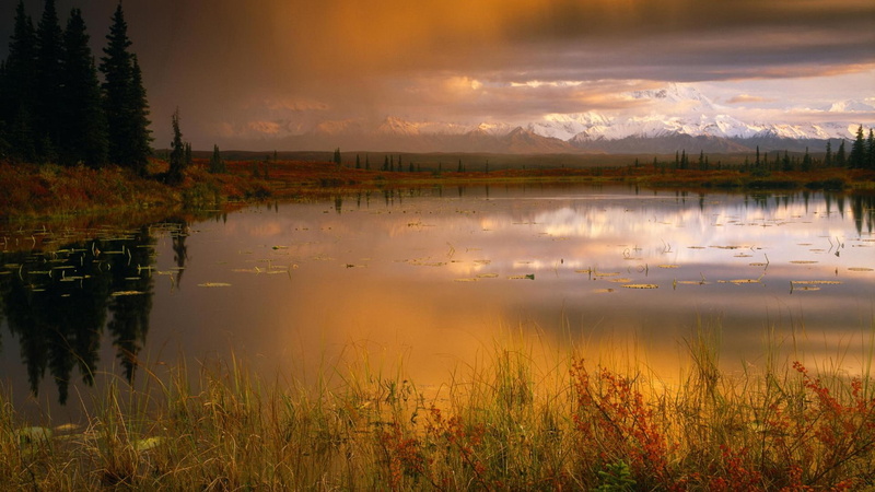 range, pond, mountain, nature and landscapes, mountains, 1080P, trees, rain, glorious, body, water, obscured