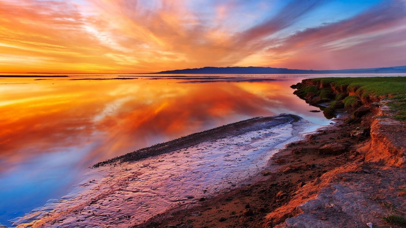 nature and landscapes, nature, ocean, sky, beside, mountain, sunset, brown, 1080P, yellow, sunsets, orange, filter, green, lakes, photo, lake, shore, glorious